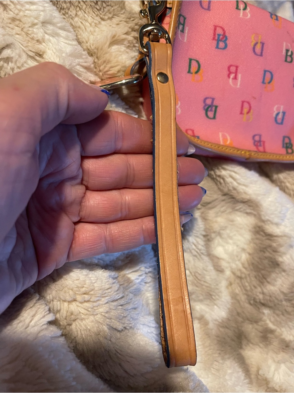 Dooney & Bourke Pink Multicolor DB Logo Wristlet with Tan Trim - Picture 6 of 13